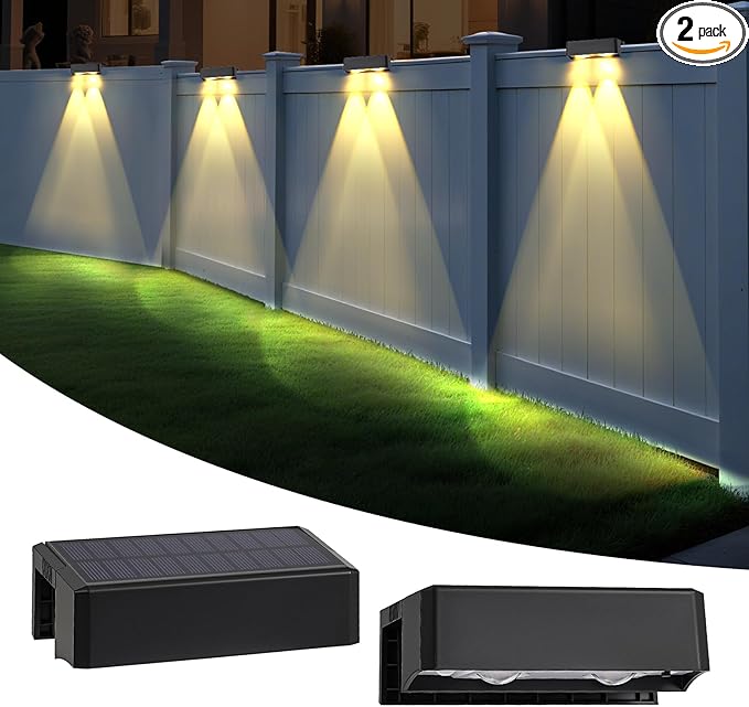 2 Pack Solar Fence Lights Outdoor with 12 Modes LED Lens RGB Color Fixed Changing for Patio, Backyard, Deck, Fence, Railing, Waterproof