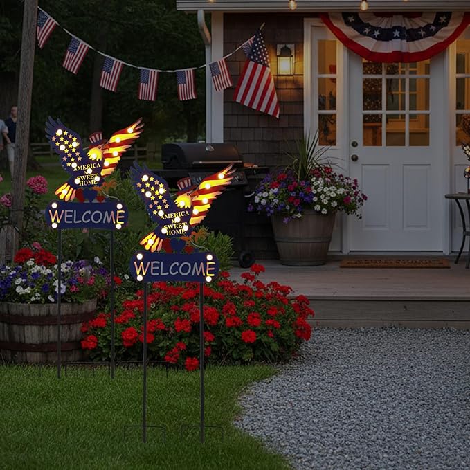 Solar Garden Lights Outdoor Patriotic Decor Eagle Garden Stakes with 17 String Light Bulbs and Welcome Sign for Yard, Fourth of July Decorations for Memorial Day Solar Landscape Lights 46"