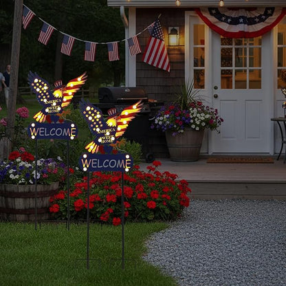 Solar Garden Lights Outdoor Patriotic Decor Eagle Garden Stakes with 17 String Light Bulbs and Welcome Sign for Yard, Fourth of July Decorations for Memorial Day Solar Landscape Lights 46"