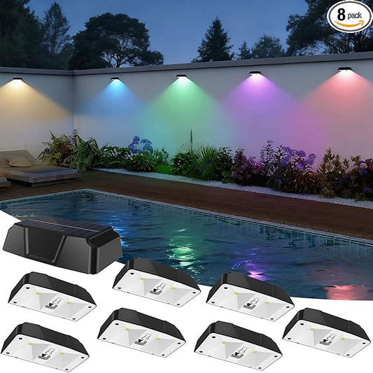 Solar Fence Lights Outdoor,10 Color Modes & RGB Changing Solar Lights for Fence,Ip65 Waterproof,Auto On/Off,Solar Powered Outdoor Lights for Garden,Patio,Pool,Deck,Stairs,Holiday Decor(8p)
