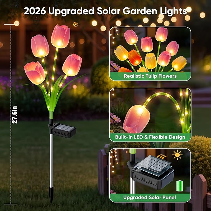 Solar Tulip Lights Outdoor: 3-Pack Solar Flower Garden Lights with Bendable Stems - IP65 Waterproof 800mAh for 12H Lighting - Auto On/Off Garden Decor - Gifts for Mom - Orange Pink Yellow