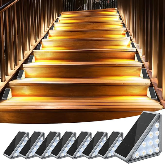 8 Pack Solar Stair Lights, Outdoor Step Lights with Waterproof IP67, Warm White LED Solar Light for Outside Light Decor for Stair, Deck, Front Step, Front Porch, Patio and Backyard