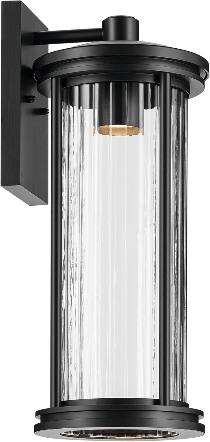 Kichler Barras 20.25" 1-Light Outdoor DarkSky Approved Wall Sconce with Clear Ribbed Glass in Black, Vertical | Lumora