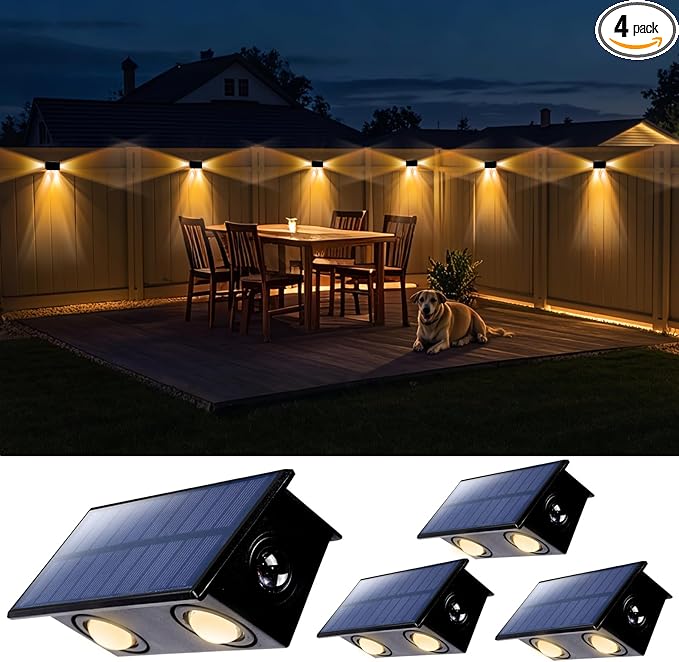 Fence Lights Solar Powered Outdoor Waterproof 3 Sided Wall LED Landscaping for Yard, Deck, Patio, Rail, Garage, Pool, Balcony, Energy Efficient Warm White Safety (Warm, 3Sides-4Pack Light)