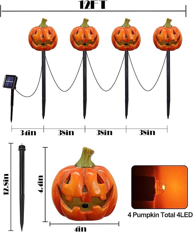 4 Pack Halloween Pumpkin Pathway Solar Lights, Orange Yard Stake String Lights Halloween Outdoor Decorations | Lumora