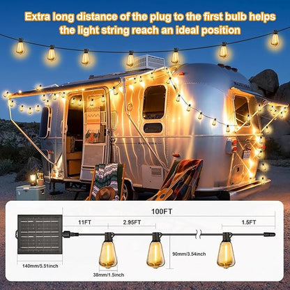 Solar String Lights Outdoor Waterproof with Remote & Timer, LED Shatterproof ST38 Bulbs, USB & Solar Powered Patio Lights for Backyard, Porch, Garden, Wedding, Christmas Decor (100FT)
