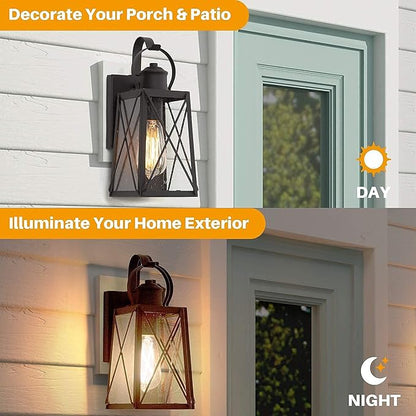 LALUZ Outdoor Wall Lantern, Farmhouse Exterior Porch Light, Outside Weather-Resistant Wall Mount Sconce with Seeded Glass for Patio Garage, Matte Black, ETL Listed, 60W