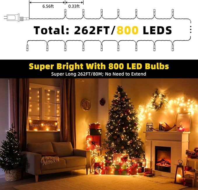 XTF2015 262FT 800 LED Christmas String Lights, Christmas Lights Plug 8 Modes Memory Function with Timer, UL | Lumora