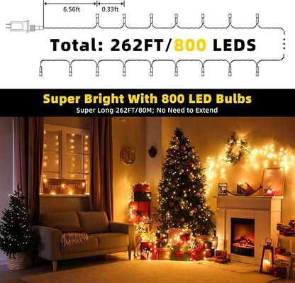 XTF2015 262FT 800 LED Christmas String Lights, Christmas Lights Plug 8 Modes Memory Function with Timer, UL Certified Outdoor Indoor Fairy Light Christma s Tree, Patio, Party (Warm White)
