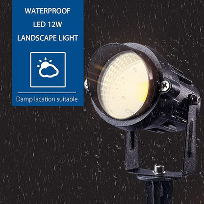SUNVIE Outdoor Landscape LED Lighting 12W Waterproof Graden Lights COB Led Spotlights with Spiked Stand for Lawn Decorative Lamp US 3- Plug 6500K Daylight White (2 Packs)