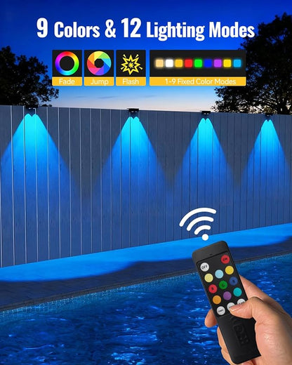 Solar Fence Lights Outdoor with Remote 4 Pack, Warm/Cool White & RGB 12 Modes, Deck Lights Solar Powered Waterproof, Backyard Lights for Step Stairs Railing Balcony Patio Decor