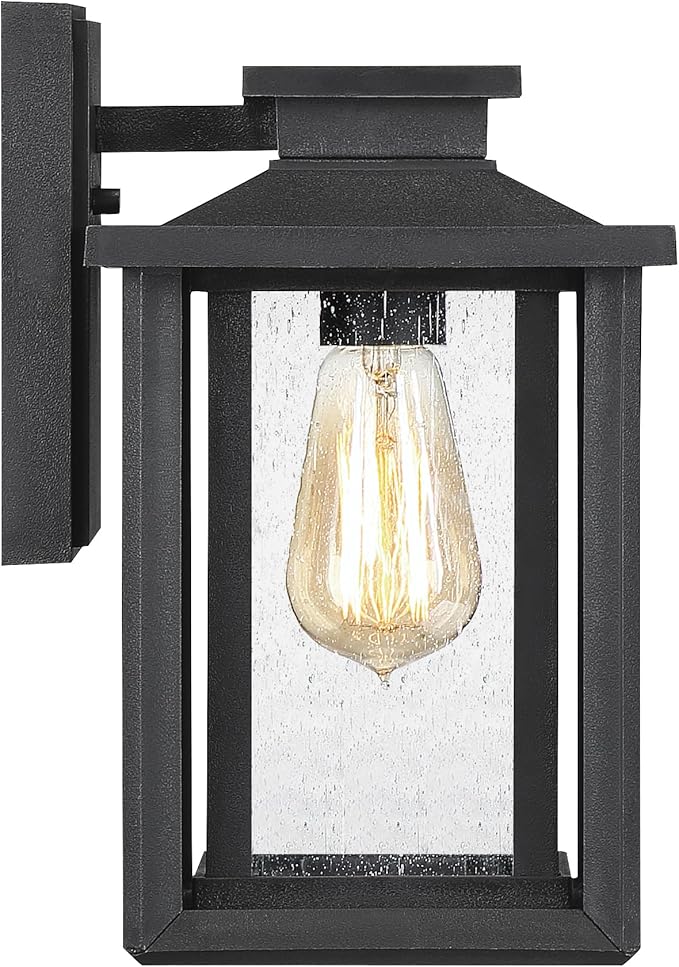 Quoizel Wakefield Vintage Wall Sconce, Coastal Armour 11 Inch 1-Light Earth Black Wall Lantern, Clear Seedy Glass Light Fixtures, 100W Medium Base Bulb, Outside Lights for Patio, Porch or Garage