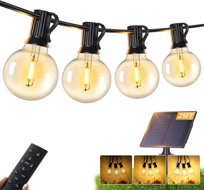 Brightever 25FT Solar String Lights Outdoor Waterproof, G40 Solar Lights with Remote and 10+1 LED Shatterproof Globe Bulbs, Dimmable&3 Lighting Modes, Solar Power Patio Lights for Balcony Garden Porch