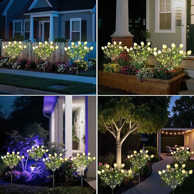 Solar Garden Lights, 7 Heads Gardenia Colorful Flower Light Waterproof Solar Outdoor Lights for Yard Pathway Decor, Two Lightning Modes, 2 Pack White