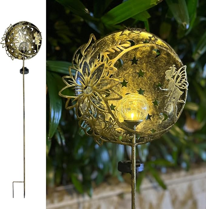 Fairy Solar Light Outdoor Decoration Garden Hollow Carving Sun Flowers Crackle Glass Ball Metal Stake for Pathway Patio Lawn Yard Mother Gift (Floral Fairy), Antique Brass