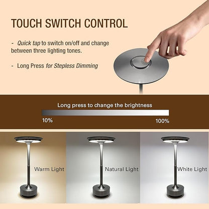 Cordless Table Lamps Rechargeable, Portable Battery Operated Lamp, 3 Color Stepless Dimming LED Table Light with Memory Function, for Outdoor/Dinner/Patio/Restaurant (Gun Metal Silver)