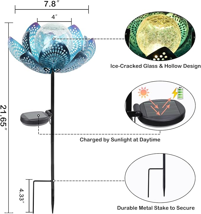Afirst Solar Lights Outdoor, Garden Lotus Stake Lights Waterproof Decorative Pathway Light Metal Crackle Glass Solar Light Landscape for Garden,Patio,Lawn,Walkway,Tabletop,Pathway,Yard Decor, Blue