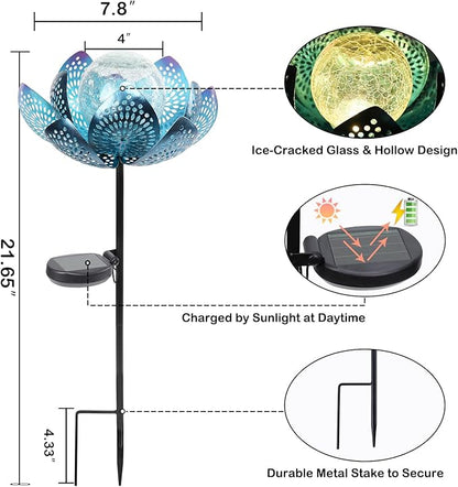 Afirst Solar Lights Outdoor, Garden Lotus Stake Lights Waterproof Decorative Pathway Light Metal Crackle Glass Solar Light Landscape for Garden,Patio,Lawn,Walkway,Tabletop,Pathway,Yard Decor, Blue