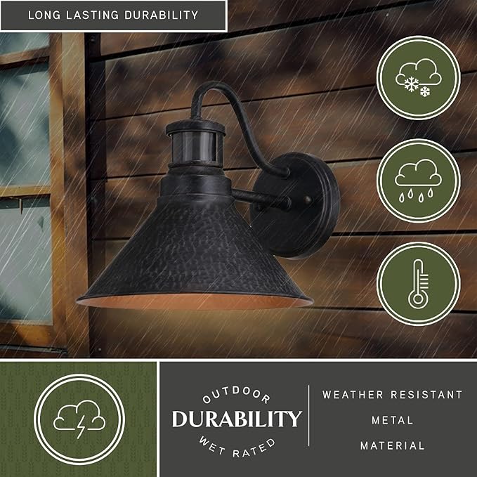 VAXCEL Outland Rustic Farmhouse Motion Sensor Dusk to Dawn Wall Light for Porch or Patio, Outdoor Gooseneck Wall Lantern with 180-Degree Motion Sensor, 10" W x 9.5" H x 11.75" D, Aged Black