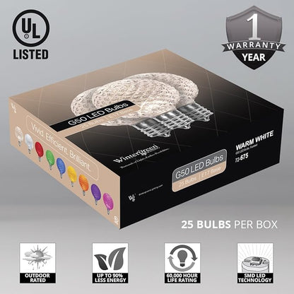 OptiCore Heavy Duty Patio Lights LED Lights Patio Lights String LED, Commercial LED Globe Lights (25 Lights, 25’, E17, Warm White G50 Bulbs on White Wire)