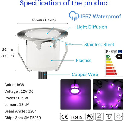 LED Outdoor Deck Lights Kits, Φ1.77in RGB 20 Pack Silver, Low Voltage 12 Volt DC IP67 Waterproof, Multi Color Changing Remote Dimmable, Recessed Stair Step Landscape Lighting