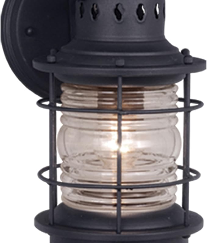 VAXCEL Hyannis 12.25 in. H 1-Light Textured Black Coastal Outdoor Wall Sconce Made of Durable Steel, Clear Ribbed Glass Shade, LED Compatible, Use for Exterior Porch Patio Front Door or Garage