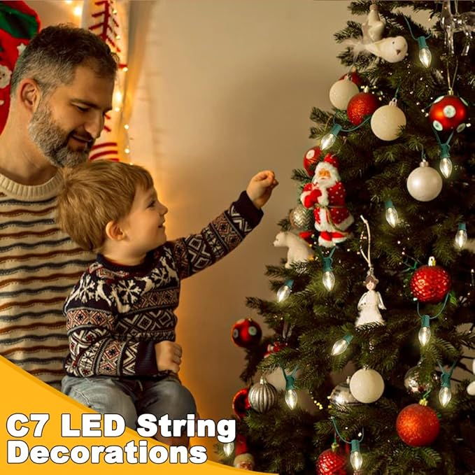 25FT C7 LED Christmas Lights Outdoor Warm White, Vintage Christmas LED String Lights Clear Plug-in Waterproof E12 Base (0.6 W) for Indoor Xmas Tree Outdoor Holiday Roofline, Garden, Patio, Party Decor