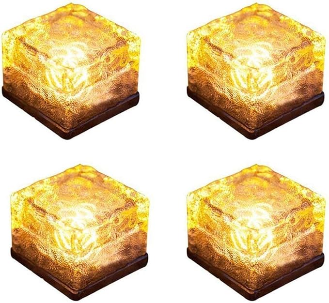 4 Pack Solar Path Ice Cube Lights Outdoor, Waterproof Glass LED Glass Clear Brick in-Groud Buried Festive Light Night Lamp for Garden Courtyard Pathway Patio Pool Pond Decoration(Warm White)