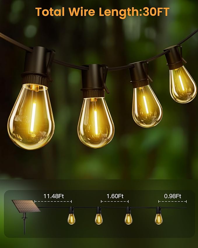 Torkase Outdoor Solar String Lights, 30FT Waterproof S14 LED Patio Lights with 13 Shatterproof Bulbs, USB Rechargeable, 2200K Warm White, Energy-Saving Hanging for Garden, Porch, Bistro, Camping