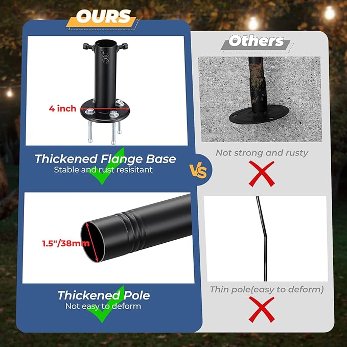 Heavy Duty Adjustable Light Pole for String Lights 1 Pack- 38mm Rust-Proof Metal Post with Deck & Fence Mount | Lumora