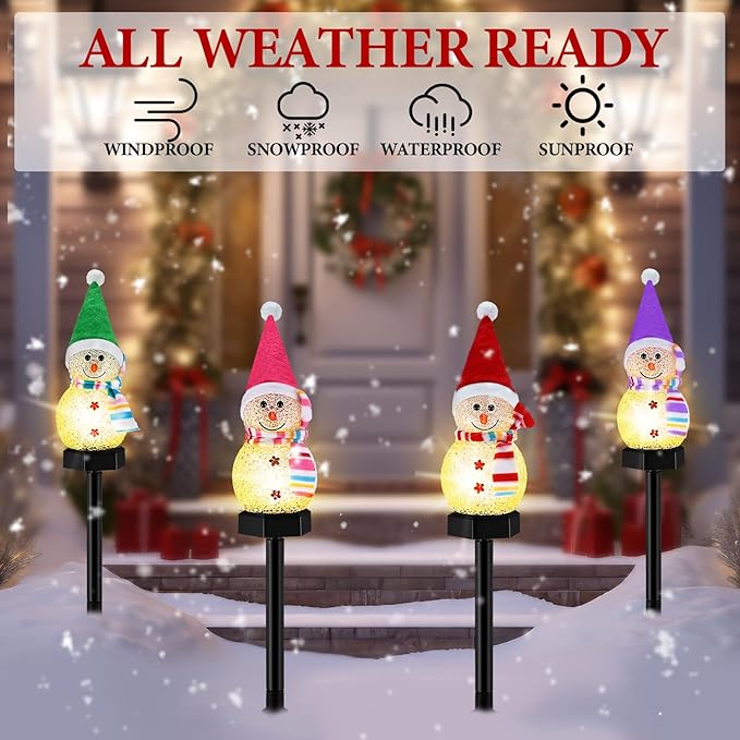 4 Pcs Christmas Snowman Pathway Lights Solar Outdoor Snowman Stakes Lights LED Waterproof Decorative Lamp Christmas | Lumora