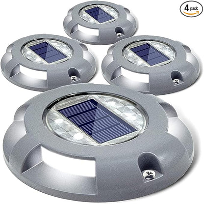 SIEDiNLAR Solar Deck Lights Driveway Dock LED Light Solar Powered Outdoor Waterproof Road Markers for Step Sidewalk Stair Garden Ground Pathway Yard 4 Pack (White)