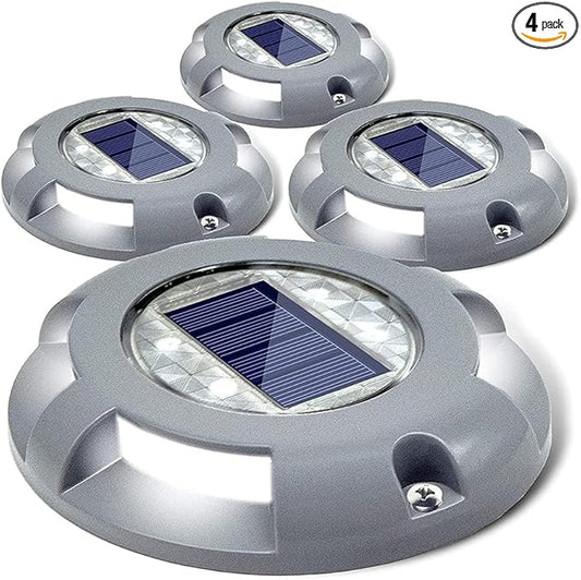 SIEDiNLAR Solar Deck Lights Driveway Dock LED Light Solar Powered Outdoor Waterproof Road Markers for Step Sidewalk Stair Garden Ground Pathway Yard 4 Pack (White)