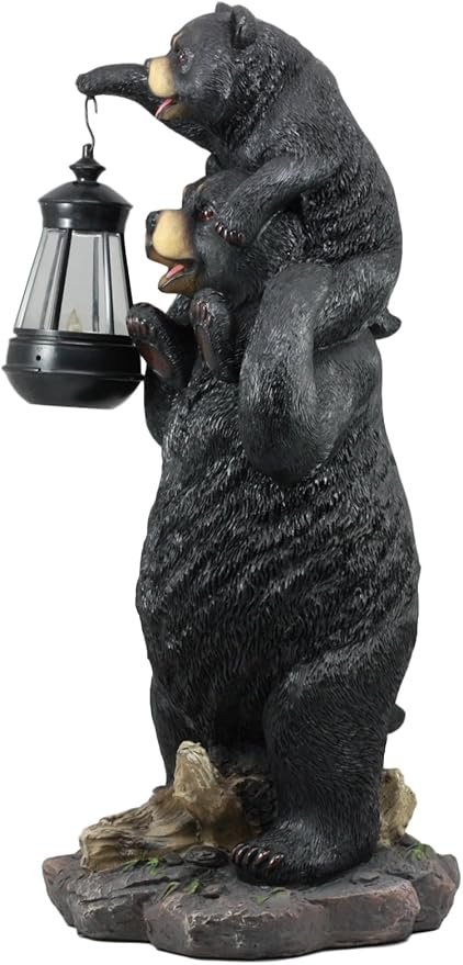 Ebros Rustic Black Bear Family Statue 18.75" Tall with Solar LED Lantern Light - Realistic Wildlife Decor