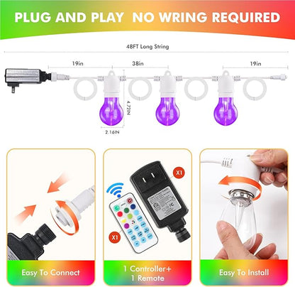 48FT RGB LED Outdoor String Lights - Dimmable Color Changing Patio Lights with Shatterproof E26 Edison Bulbs, Remote Control for Garden, Bistro & Backyard Decor(White)