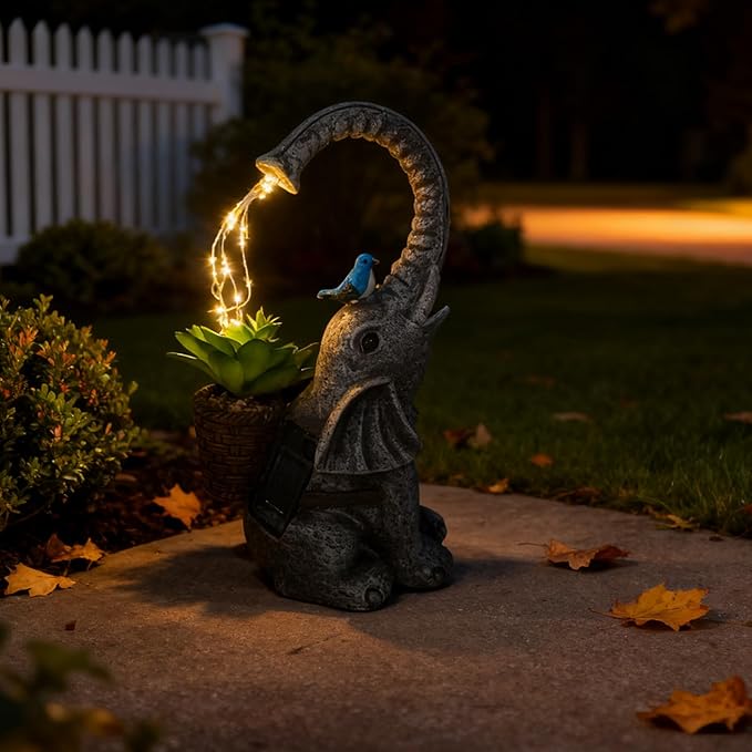 Solar Powered Garden Statue with LED Lights, Grey Stone Resin Elephant Planter, Decorative Outdoor Sculpture with Birds and Succulents,for Balcony, Garden, Patio, Yard, Lawn(Gray)