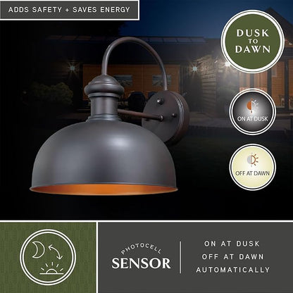 VAXCEL Franklin 15 in. H 1-Light Oil Burnished Bronze and Light Gold Dusk to Dawn Sensor Farmhouse Outdoor Wall Sconce, Metal Shade, Dark Sky Compliant for Exterior Porch Patio Front Door or Garage