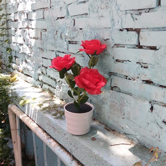LED Solar Power Decorative Artificial Rose Flower Pot Plant Landscape Light Night Lamp Outdoor Garden Yard Pathway Lawn Grassland Red
