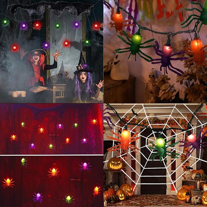 SUNSGNE Halloween Spider String Lights, 8.5Ft Halloween String Light with 10 Spider Lights for Party, Curtain, House, Garden, Yard Decor