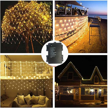 2 PACK Battery Operated Net String Lights 4.9x3.9Ft 100LED-Light 8 Modes Mesh Waterproof Wide Angle LED Curtain Lights for Christmas Xmas Garden Yard Party Wedding and Holiday Decor( Warm White)
