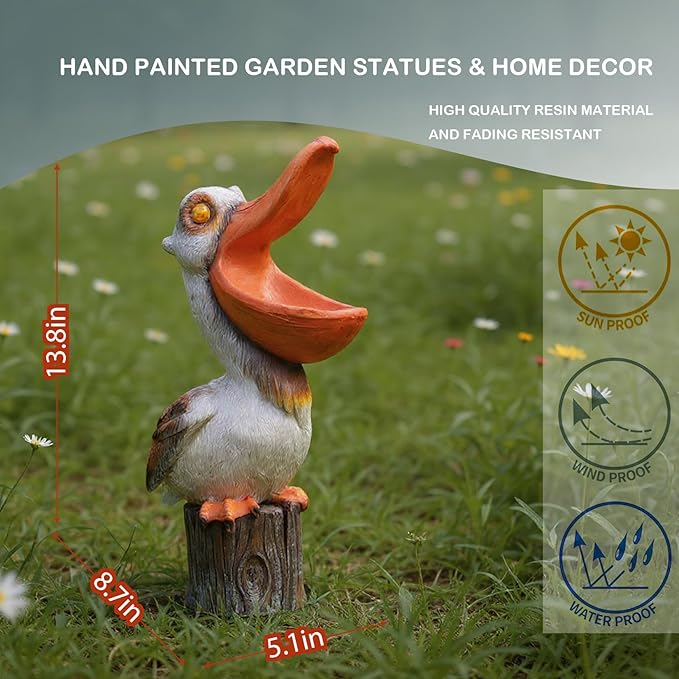Elenon Pelican Statues Garden Statues, 14 Inch Outdoor Solar Yard Art Coastal Ocean Bird, Sculpture Ornament for Backyard Porch Lawn Patio Pond Decor