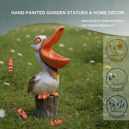 Elenon Pelican Statues Garden Statues, 14 Inch Outdoor Solar Yard Art Coastal Ocean Bird, Sculpture Ornament for Backyard Porch Lawn Patio Pond Decor