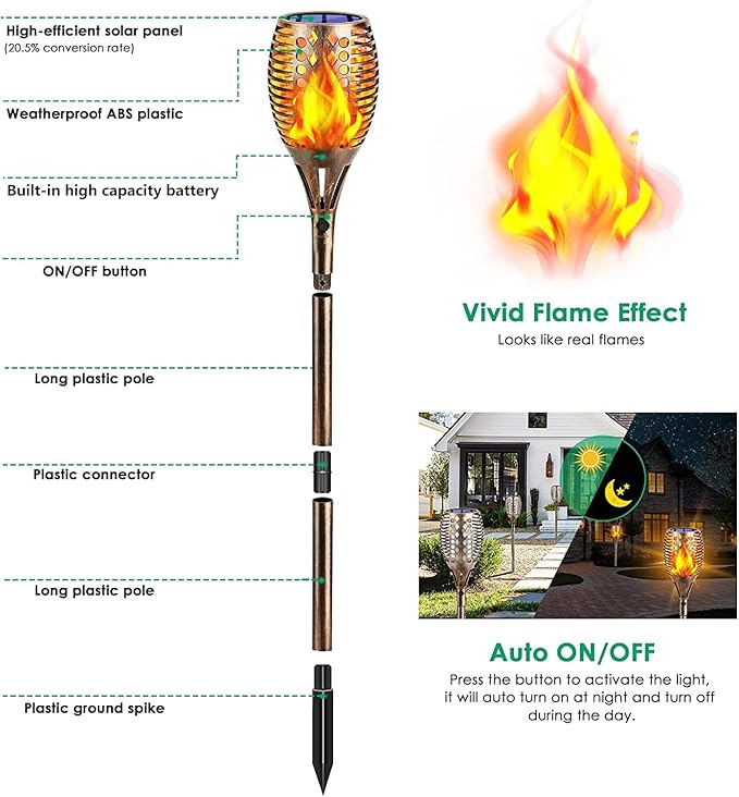 TomCare Solar Lights Upgraded, 43" Higher & Larger Waterproof Flickering Flames 96 LED Torches Outdoor Solar Landscape Decoration Lighting Auto On/Off Pathway Lights for Garden Patio,Bronze (4)
