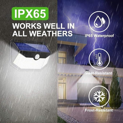HMCITY Solar Lights Outdoor 120 LED 3 Lighting Modes,Motion Sensor Wall Lights, IP65 Waterproof Solar Powered Wall Lights for Garden Deck Lights (Back Button 4Packs, Black Shell-Daylight White)