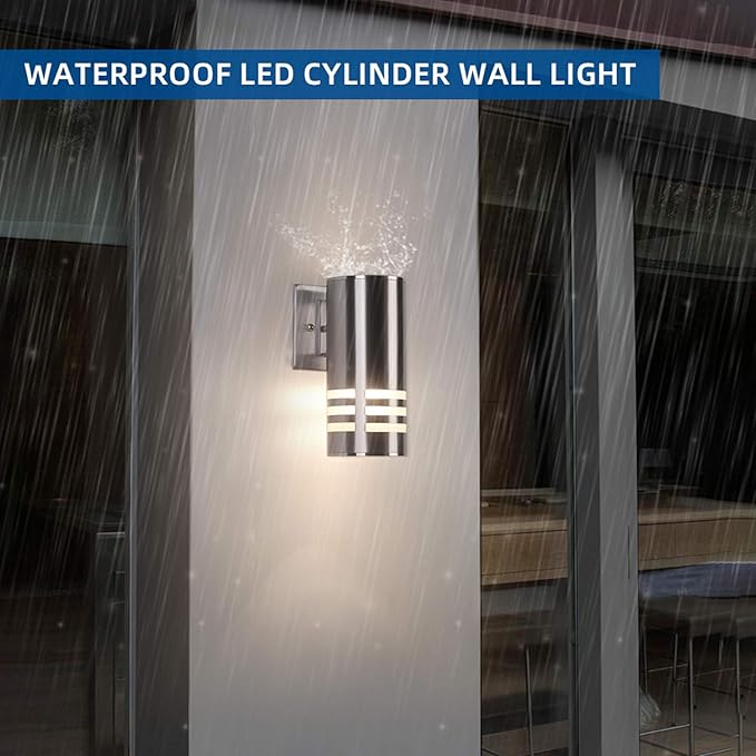 Outdoor Wall Sconce,Cylinder Wall Light with Stainless Steel 304 and Toughened Glass,Waterproof Up Down Light for Garden Patio Bedroom Living Room (Brushed Nickel, 8.7" Height,No Bulbs)