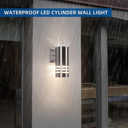 Outdoor Wall Sconce,Cylinder Wall Light with Stainless Steel 304 and Toughened Glass,Waterproof Up Down Light for Garden Patio Bedroom Living Room (Brushed Nickel, 8.7" Height,No Bulbs)