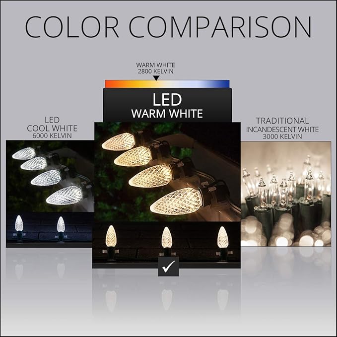 Wintergreen Lighting C9 OptiCore LED Commercial Outdoor Christmas Lights Heavy Duty; Wedding; White Wire (50 Lights, 50 Ft, Warm White)