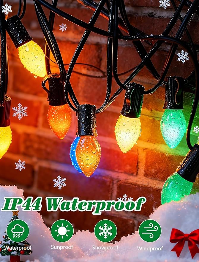 C7 Vintage Christmas String Lights with 27 Multicolor Ceramic Bulbs, 25FT Retro Outdoor String Lights for Christmas Tree Patio Garden Roofline Decoration (Green Wire)