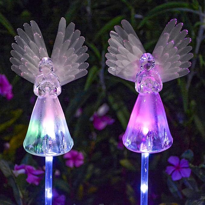 2 Pack Solar Powered Angel for Cemetery Decorations,Garden Stake Light Multi-Color Changing LED Waterproof Lawn Decorative Light for Garden Yard Patio Cemetery Grave Decorations