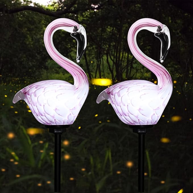 Afirst Solar Outdoor Decorative Lights - Flamingo Handblown Glass Garden Stakes 4" W 2 Pack